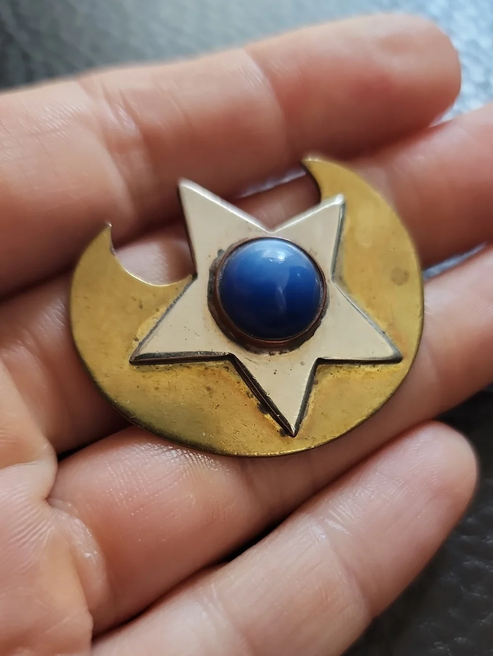 VTG Brass-tone Crescent & Star Brooch with Blue Cabochon